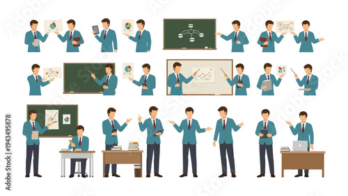 Educational Presentation: A comprehensive collection of illustrations showcasing an educator in various dynamic poses and gestures, ideal for educational or training materials. 