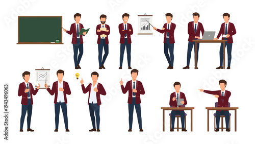 Professional Demonstrations: An array of a man in various poses, showcasing different business and presentation concepts using props such as a blackboard, charts, and a laptop.