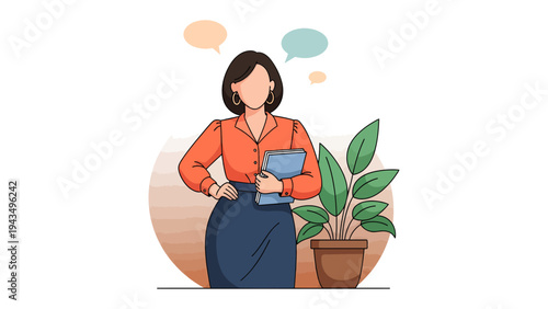 Businesswoman contemplating strategies: A modern illustration of a determined businesswoman, standing confidently with a thoughtful expression. She holds a file, a symbol of her analytical mindset.