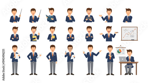 Animated Business Presentation: A collection of various animated figures, each dressed in formal attire, presenting an assortment of gestures and actions.