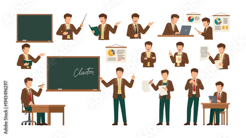 Teacher Teaching and Presenting: A dynamic collage showcases an educator in various professional stances, engaging, guiding, and presenting with informative tools.