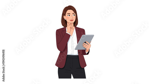 Businesswoman in Deep Thought: A poised businesswoman in a tailored suit contemplates, clutching a tablet, lost in thought. A blend of modern professional elegance and introspective reflection.