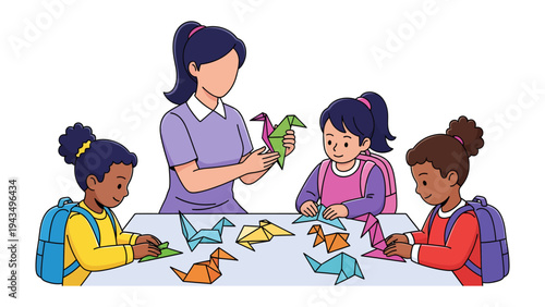 Origami Time: A teacher guides young students in the delicate art of origami, surrounded by colorful paper creations, fostering creativity and fine motor skills.