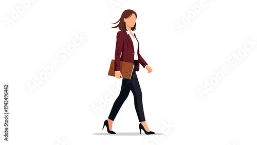 Poised Walk: An illustration of a determined woman in business attire, strides forward, clutching a briefcase, symbolizing ambition and professional progress. 