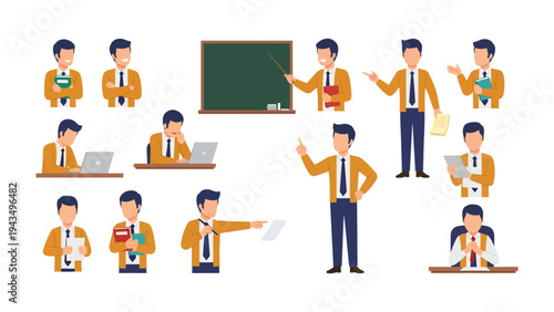 Knowledge dissemination: A collection of educational figures engaged in various teaching and learning activities, including giving presentations, using a chalkboard, reading and writing.