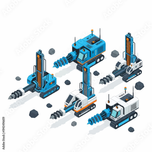 Isometric Drilling Rigs and Mining Equipment for Industrial Operations.