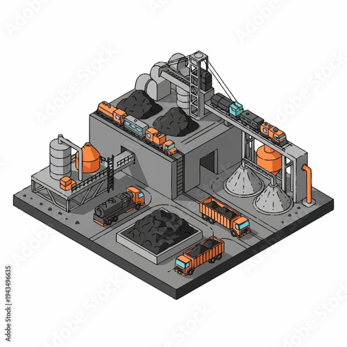 Isometric Coal Mining and Processing Plant Illustration.