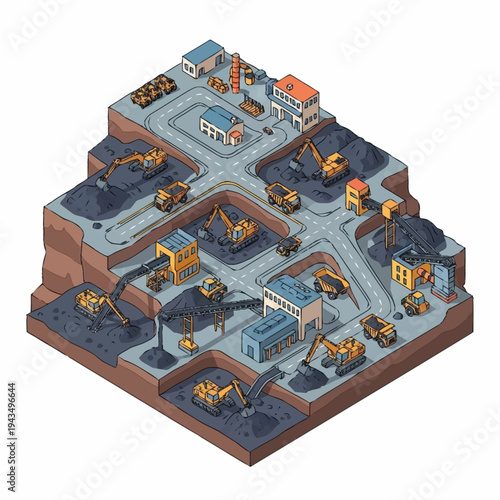 Isometric illustration of a coal mine with heavy machinery and buildings.