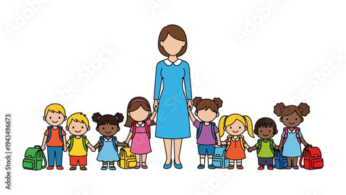 Empowering Future Generation: A group of diverse children hold hands with their teacher, symbolising unity, education, and the bright promise of tomorrow.