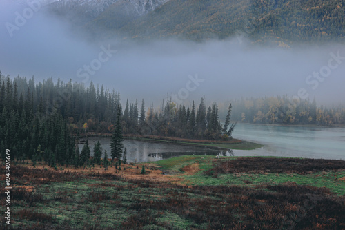 Morning Mist Over Kanas Lake with Pine Trees and Golden Foliage
