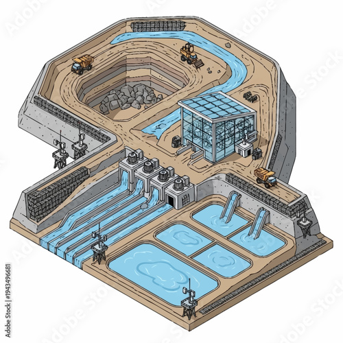 Isometric illustration of a hydroelectric power plant construction site.