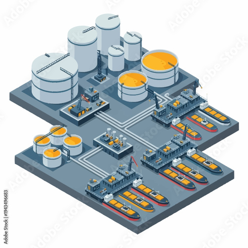 Isometric illustration of a large industrial port with oil tankers and storage tanks.