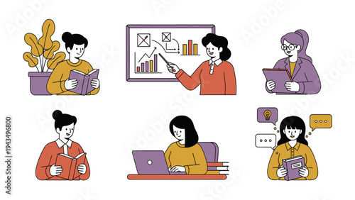 Women in Learning: Depicts a group of women engaged in various activities related to learning and education, with visual elements that evoke an environment of teaching, studying, and presenting ideas