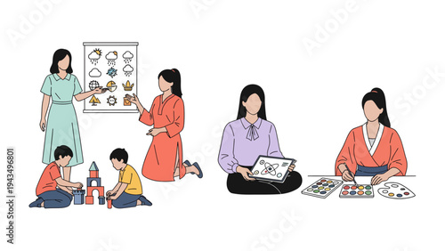 Nurturing Minds and Creativity: A collection of images portraying educators fostering learning and artistic expression in diverse ways. 