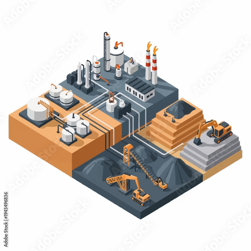 Isometric Industrial Complex with Mining and Processing Facilities.