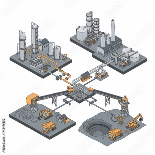 Isometric industrial complex with mining, processing, and manufacturing facilities.