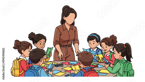Classroom Harmony: A dedicated teacher leads a group of attentive students in a collaborative classroom, illustrating the dynamics of learning and instruction, focused on education.