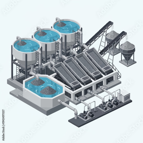 Isometric Industrial Water Treatment Plant with Tanks and Conveyor Belts.