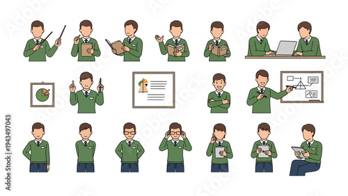Set of Office workers illustrations: Diverse office workers in various poses, from presenting ideas to working at a desk, engaging in daily business activities with diverse expressions and gestures.