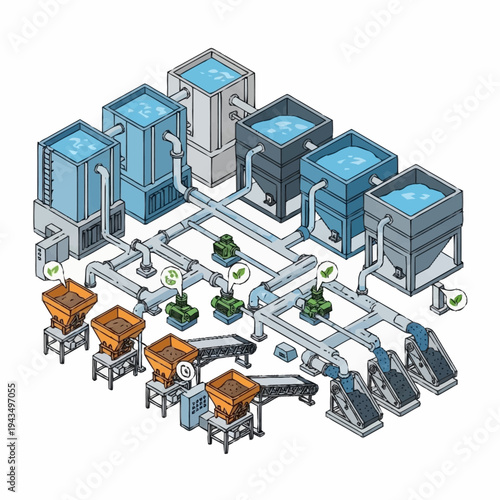Isometric Industrial Water Treatment and Processing Plant Illustration.
