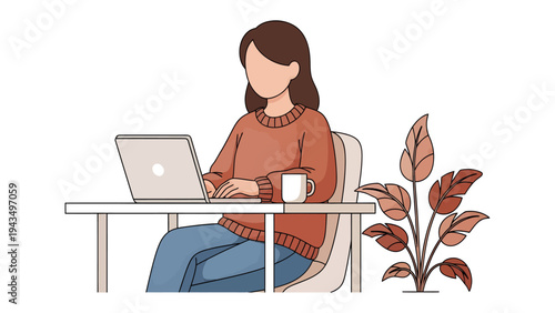 Focused Woman at Work: A woman, immersed in her work, sits at a desk, typing on a laptop with a mug and plant. Embodying the essence of focused productivity and modern workspace.