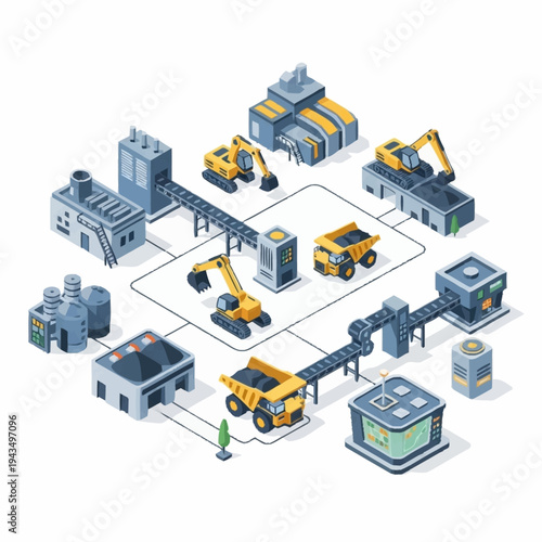 Isometric Mining and Processing Plant with Heavy Machinery and Conveyor Belts.