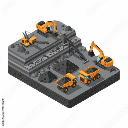 Isometric Mining Operation with Heavy Machinery and Excavation Site.