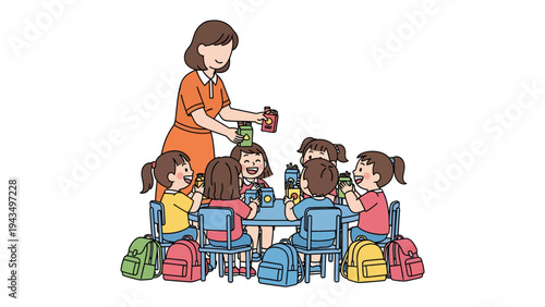 Nurturing Minds, Bright Futures: A teacher pours beverages for her young students, a symbol of care, education, and the joyful journey of early childhood.
