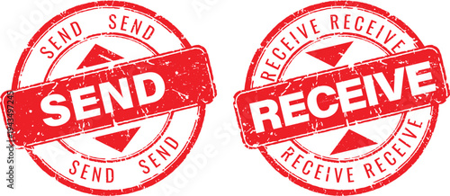 Professional red circular grunge stamps featuring send and receive text for logistics or messaging applications