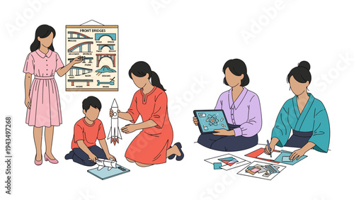 Artistic and Educational Harmony: A scene of children engaging in various educational activities, showcasing creativity, learning, and the importance of interactive education.