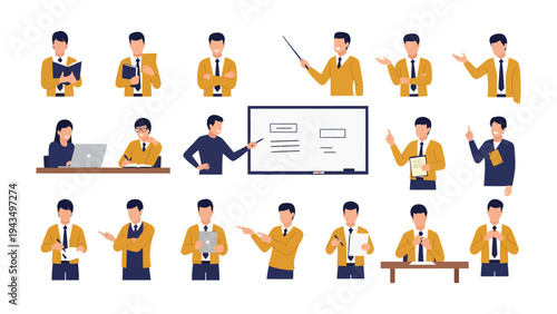 Business Man Icon Set: A comprehensive collection of business man icons, showcasing a range of actions and poses. Featuring gestures, reading, and presentations.