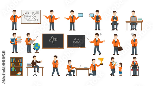 Diverse Academic and Professional Endeavors: A collection of illustrations showcasing various roles and tasks related to education and work, featuring different actions and settings