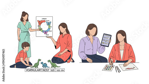 Learning and Illustration: Education comes alive in this illustration, depicting learning scenarios. A teacher and a student engage in an illustrative study.