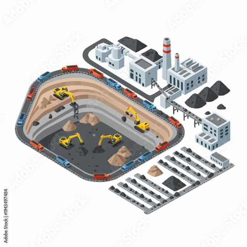 Isometric Open Pit Mine with Heavy Machinery and Industrial Buildings.