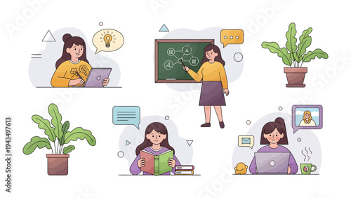 Teaching and Learning Illustration Set: A collection of illustrations depicting diverse educational scenarios, from innovative learning techniques to knowledge exchange and virtual communication.