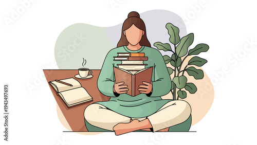 Serene Reader: A woman, immersed in the pages of a captivating book, sits cross-legged, surrounded by literary treasures and the aroma of coffee.