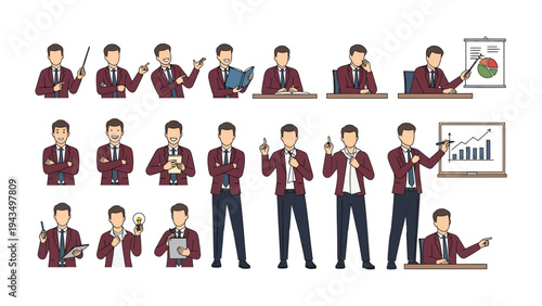 Business Poses: A curated set of illustrations showcases a poised businessperson in a variety of professional stances and activities.