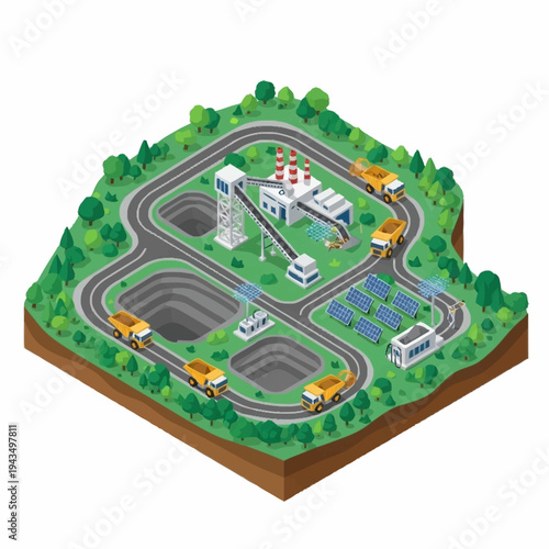 Isometric view of a mining operation with trucks, roads, and processing plants.