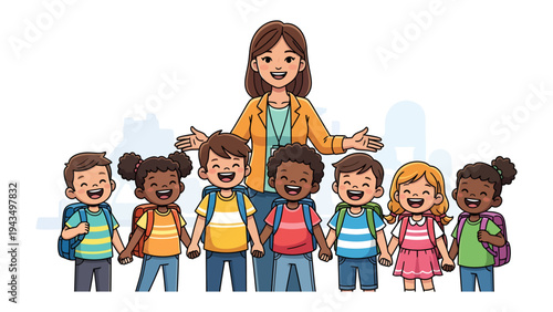 Harmony in Education: A cheerful teacher stands proudly with her diverse group of young students, exuding the warmth of a nurturing environment, representing unity and the bright promise of education.