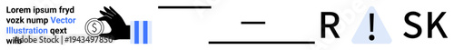 Financial risk management, investing, security awareness, warning systems, data analysis, economy control. Hand holding coin, warning sign with text RISK. Financial risk and security awareness