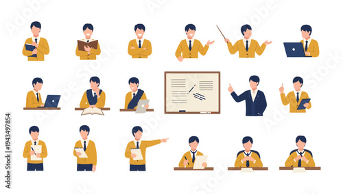 Teaching and Presentation Icons: Set of professional illustrations capturing different aspects of teaching and presenting.