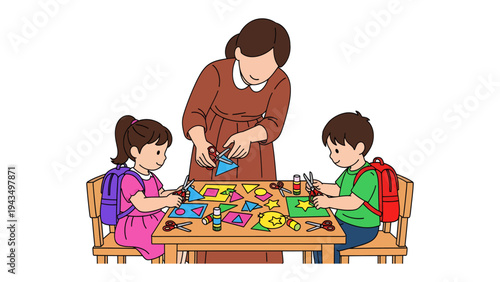Creative Time in Classroom: A teacher guides two young students, fostering creativity and learning through a colorful craft project, promoting imagination and early childhood development.