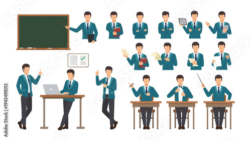 Dynamic Educator: A comprehensive collection of animated figures, featuring a knowledgeable male educator in a variety of poses. Ideal for educational and instructional content.