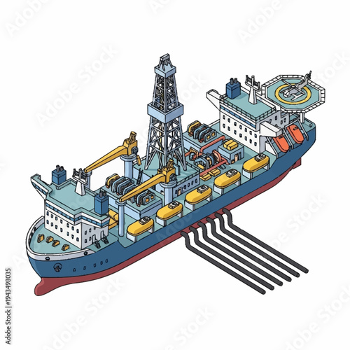 Offshore drilling ship extracting oil from the seabed.