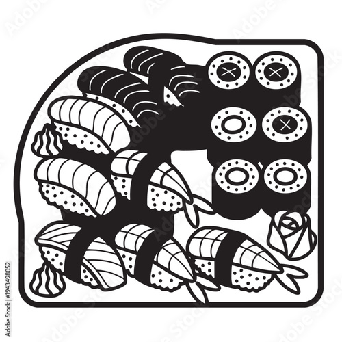 A top view of a fresh sushi platter with various rolls and pieces on a plate.