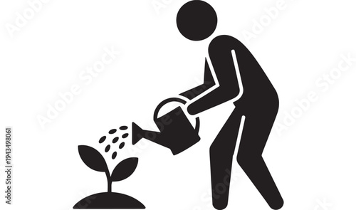 Plant Watering Silhouette Person Caring For Growing Plant Development Icon
