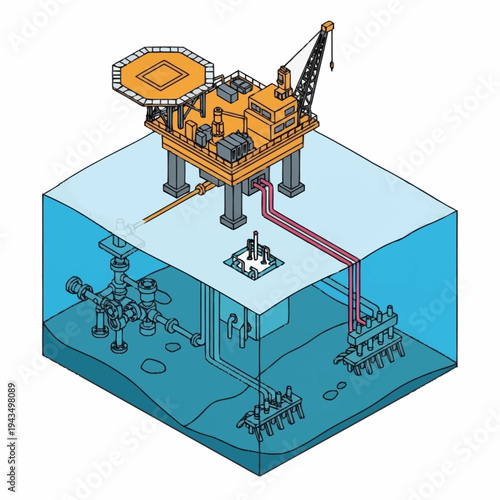 Offshore oil rig platform with subsea production system and underwater pipelines.