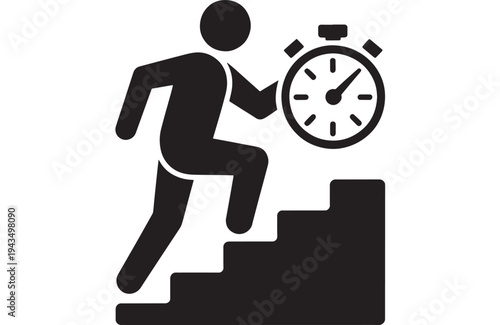 Time Management Silhouette Person Running Up Stairs With Stopwatch Productivity Icon