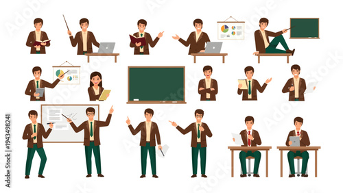 Educational Array: A compilation of professional figures presenting lessons, teaching concepts, and managing lessons, set against a pristine, uncluttered backdrop.