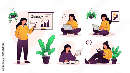 Businesswoman at Work: Capturing a woman in various work environments, highlighting her dedication to professional tasks in different settings. 